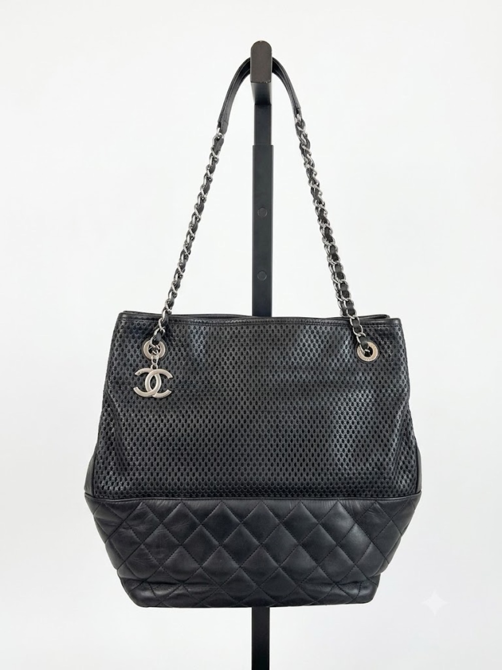 CHANEL Black Quilted & Perforated Chain-Handle Tote